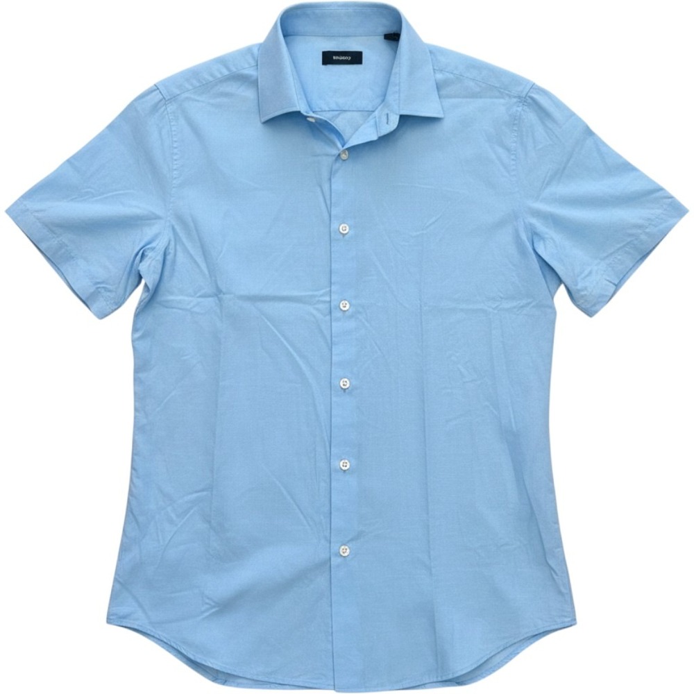 Theory Sylvain S Light Blue Mini Gingham Dobby Cotton Short Sleeve Shirt XL